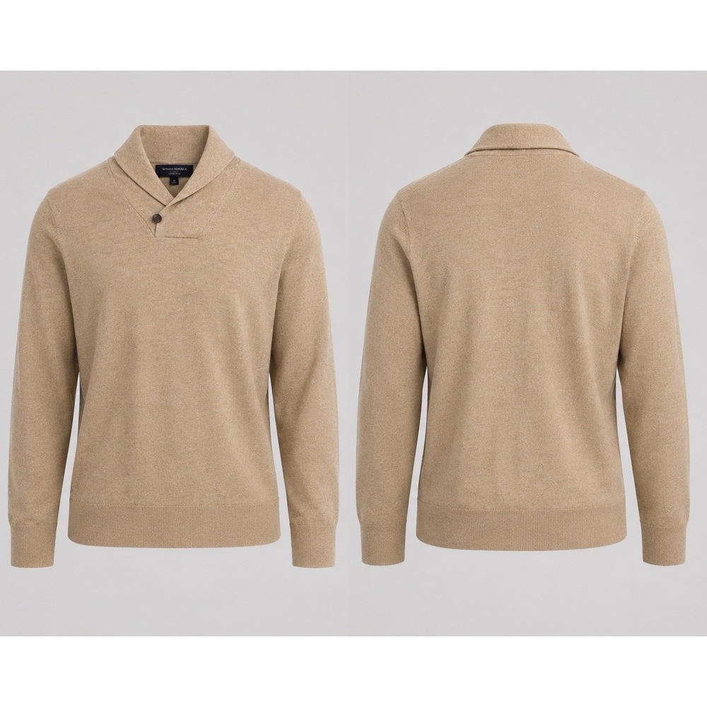 Banana Republic Men's XL 100% Merino Wool Shawl Collar Sweater TAN BROWN